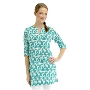 Gretchen Scott Teal White Ikat Cotton Coverup Dress Medium